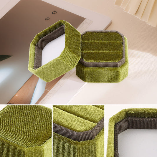 Velvet Ring Box for Proposal Engagement Wedding Ceremony Storage 2 Slots Green