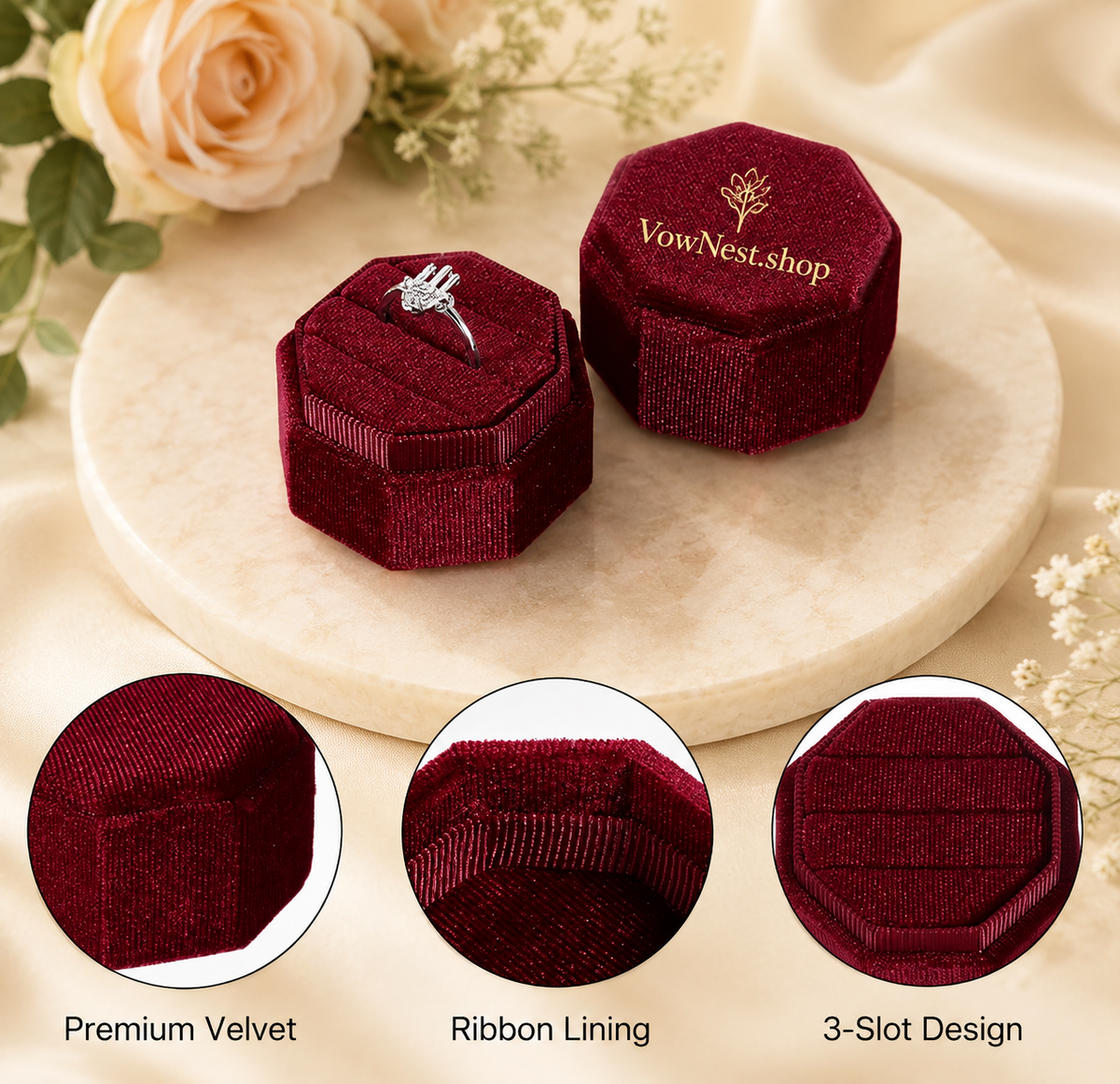 Octagon Velvet Wedding Ring Box