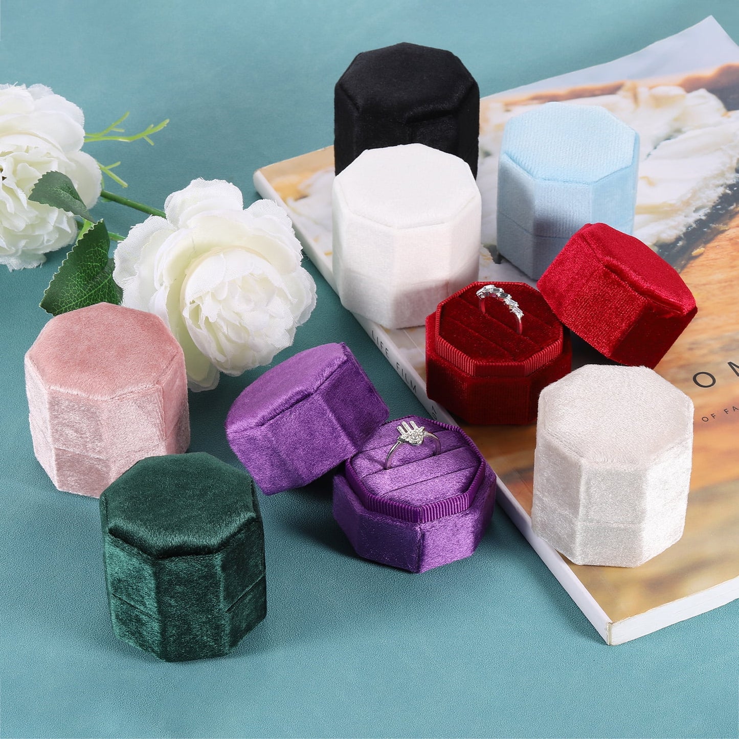 Unique Bargains Octagon Velvet Ring Box for Wedding Rings Red