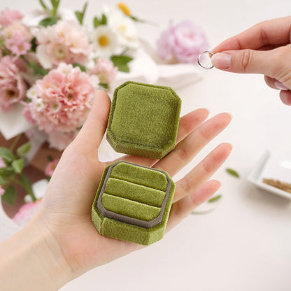 Velvet Ring Box for Proposal Engagement Wedding Ceremony Storage 2 Slots Green