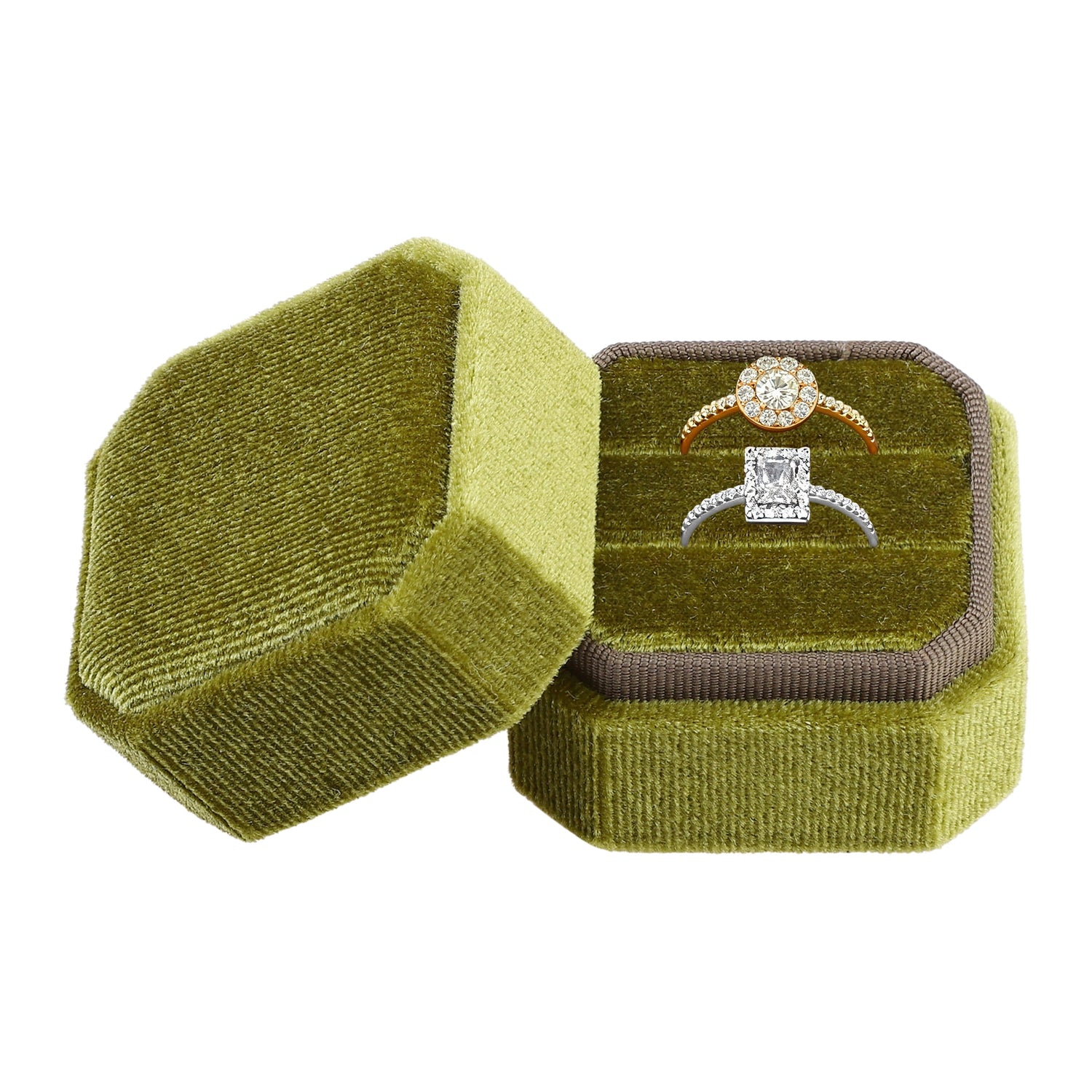 Velvet Ring Box for Proposal Engagement Wedding Ceremony Storage 2 Slots Green