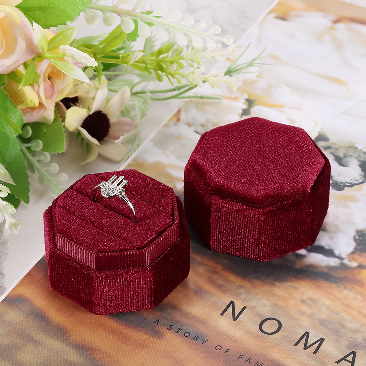 Unique Bargains Octagon Velvet Ring Box for Wedding Rings Red