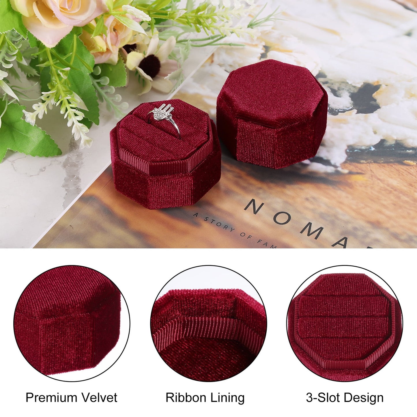 Unique Bargains Octagon Velvet Ring Box for Wedding Rings Red